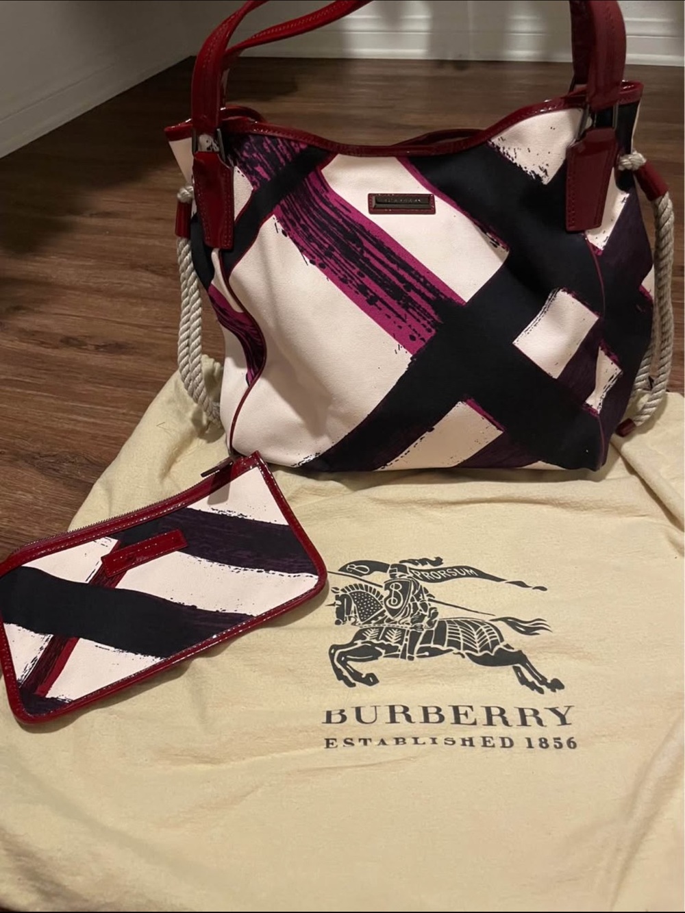 Burberry Cream, Black & Pink Brushstroke Shoulder Tote with Red Trim